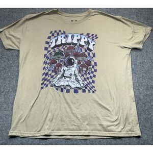 OG Hustle Mens 4XT‎ Tee Tan Trippy Astronaut Mushroom Checkered Graphic Shirt